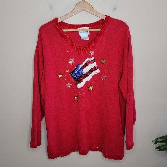 Vintage Quacker Factory | Red American Flag & Star Sequined V-neck Sweater - Picture 1 of 6